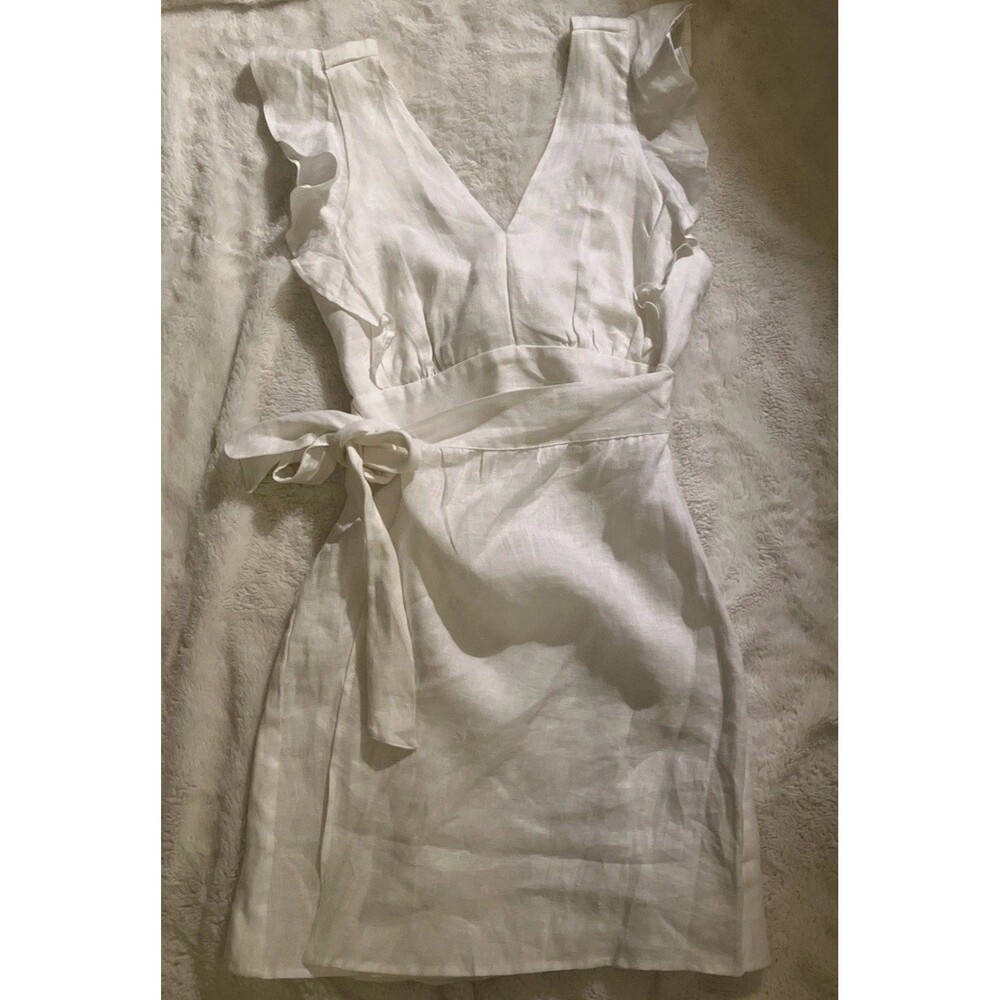 Donna Mizani Linen Blend White Ruffle Wrap Dress XS